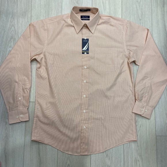 Nautica Wrinkle Free Orange & White Patterned Button Up Mens 15 1/2 - 34/35 - Picture 1 of 11
